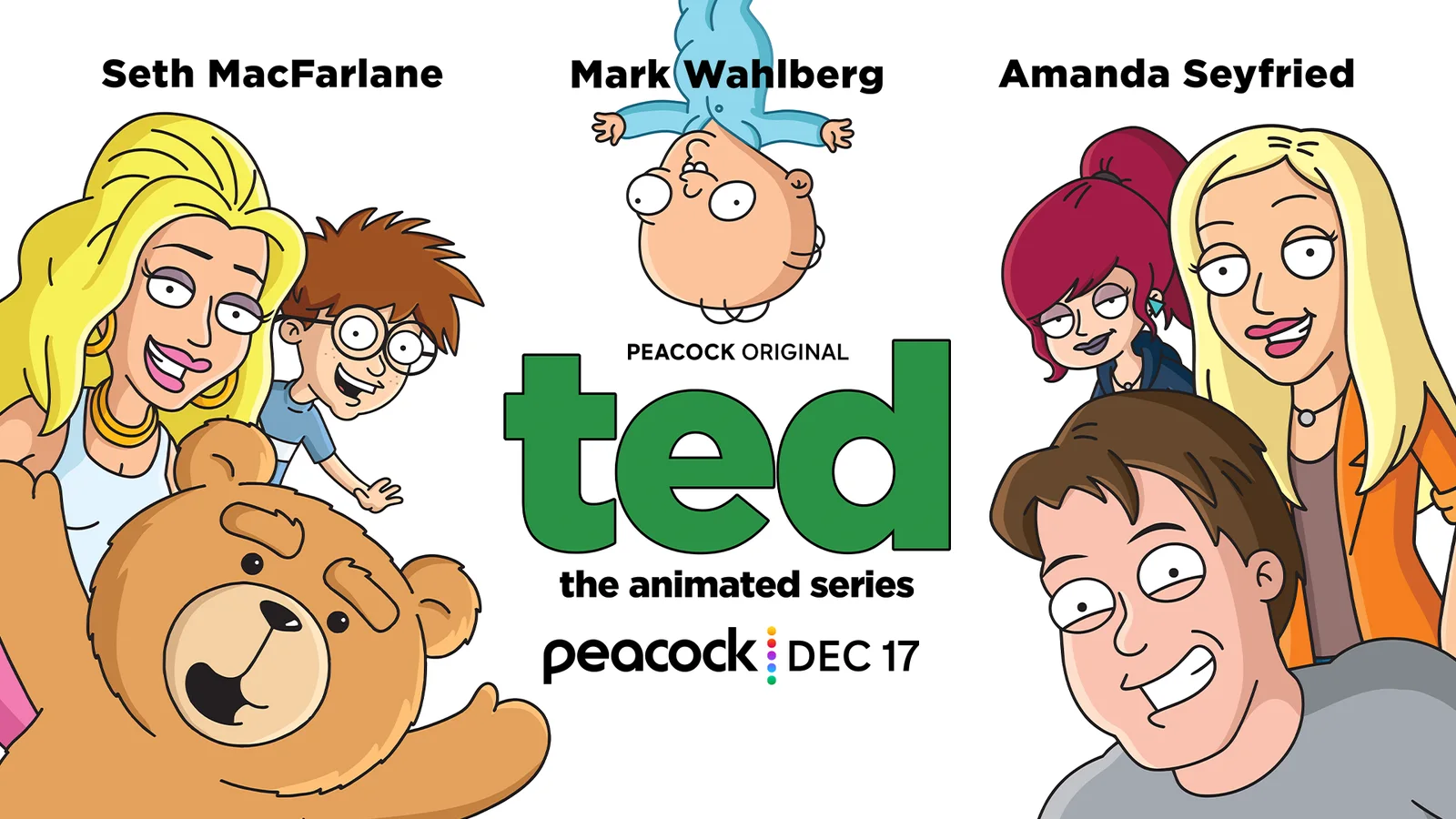 Official Peacock artwork showing animated Ted and the ensemble around the series title and December 17 premiere date.