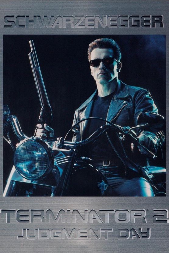 Official Terminator 2: Judgment Day poster showing Arnold Schwarzenegger as the Terminator on a motorcycle.
