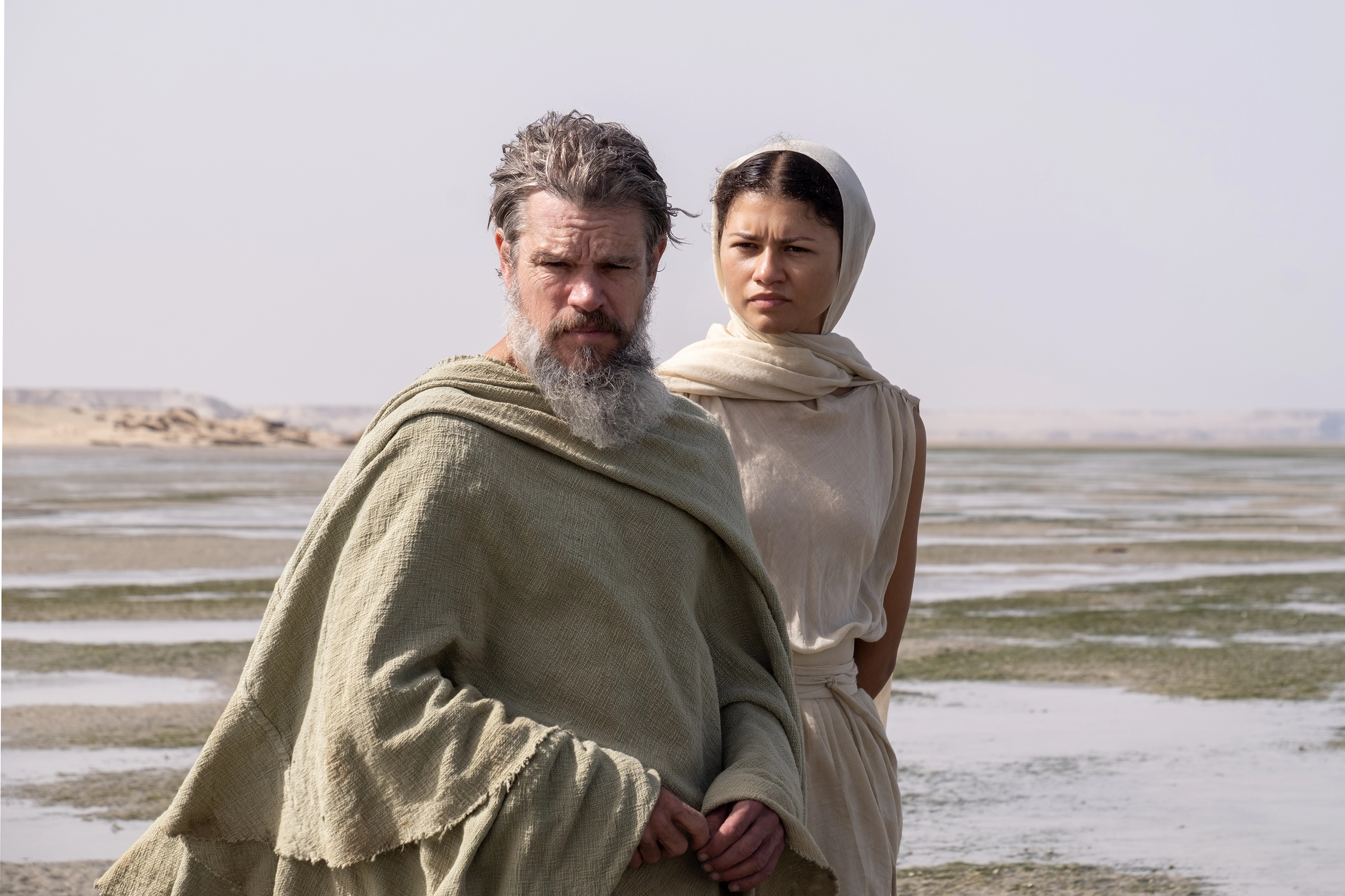 Matt Damon as Odysseus with Zendaya as Athena in Christopher Nolan's The Odyssey.
