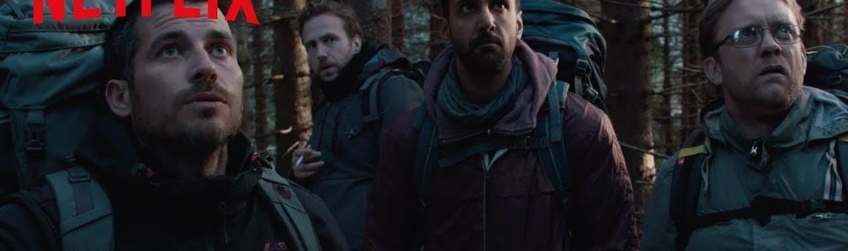 Rafe Spall, Arsher Ali, Robert James-Collier and Sam Troughton as the four friends hiking through the forest in The Ritual.