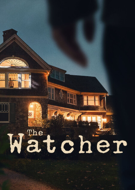 Official The Watcher Season 1 key art showing an illuminated house at night beneath a looming hand, with the series title.
