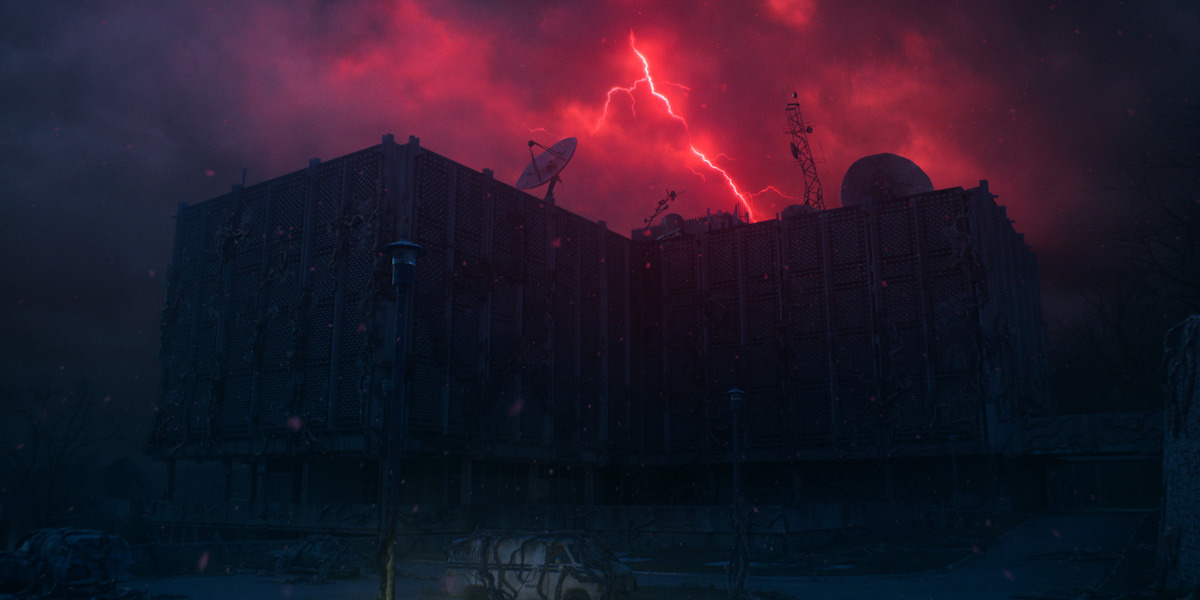 Hawkins Lab surrounded by red lightning in Stranger Things 5