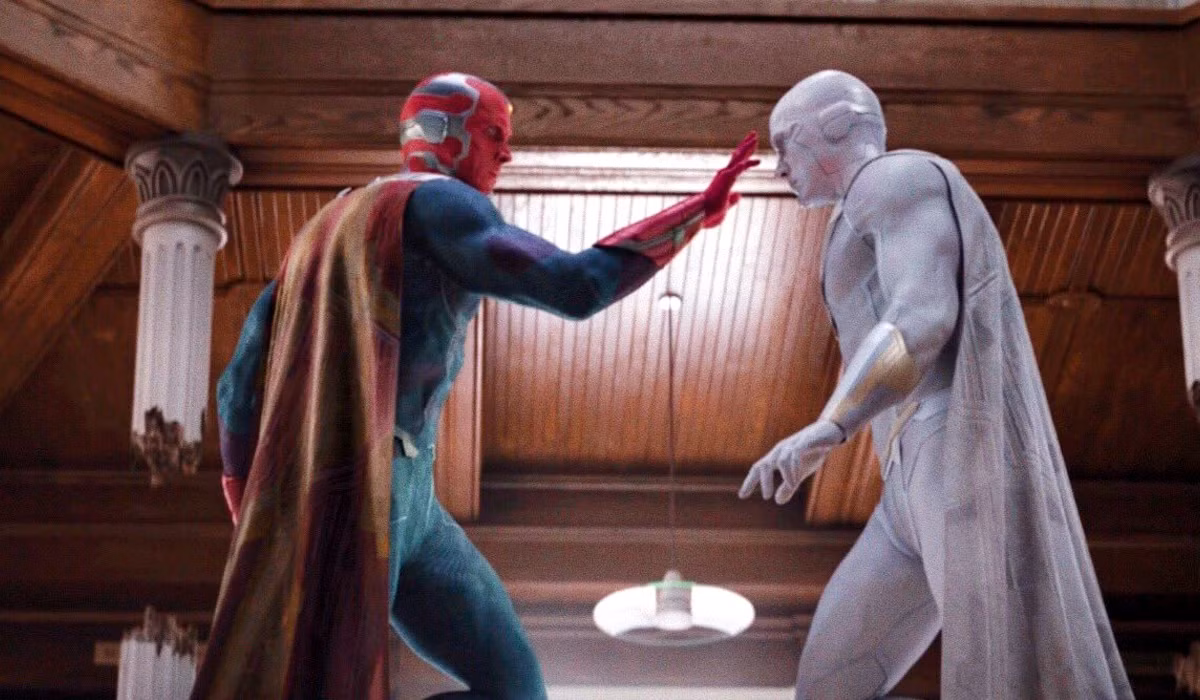Hex Vision and White Vision during the Ship of Theseus scene in WandaVision