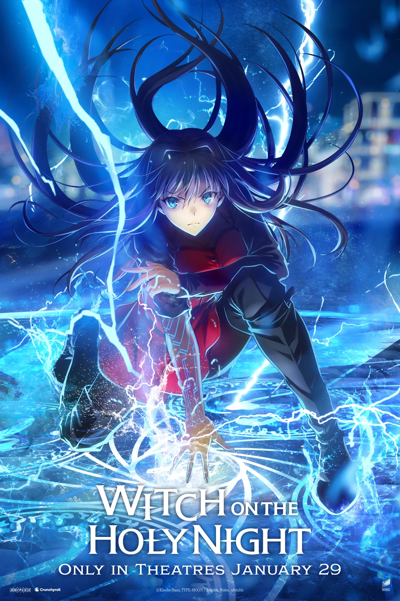 Official international key visual for Witch on the Holy Night, showing Aoko Aozaki crouched over a glowing magic circle as blue lightning rips across a night city, with the text 'Only in Theatres January 29.'