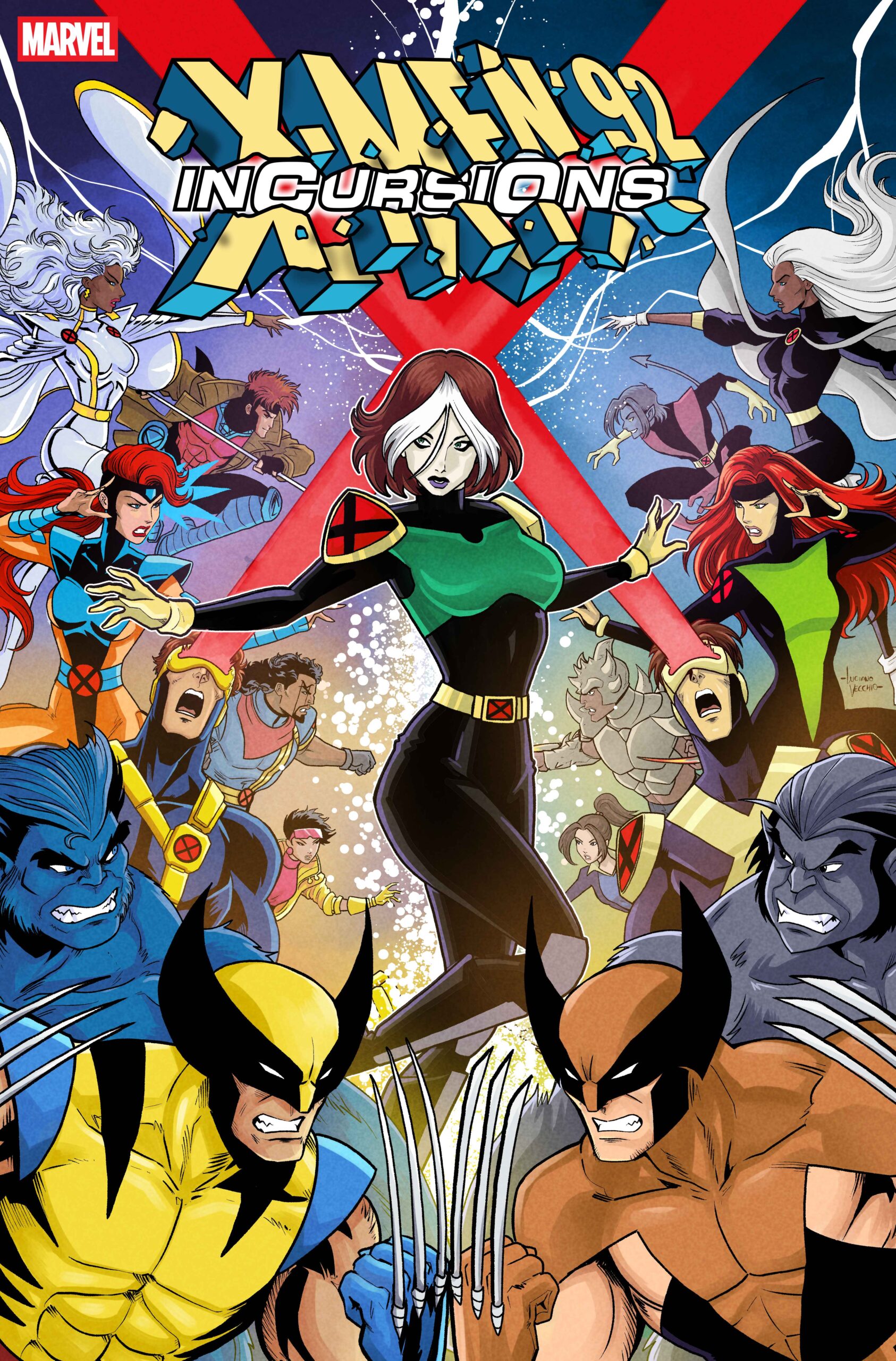 Marvel's X-Men ’92: Incursions comic cover by Luciano Vecchio, with two versions of Rogue and alternate X-Men teams colliding.