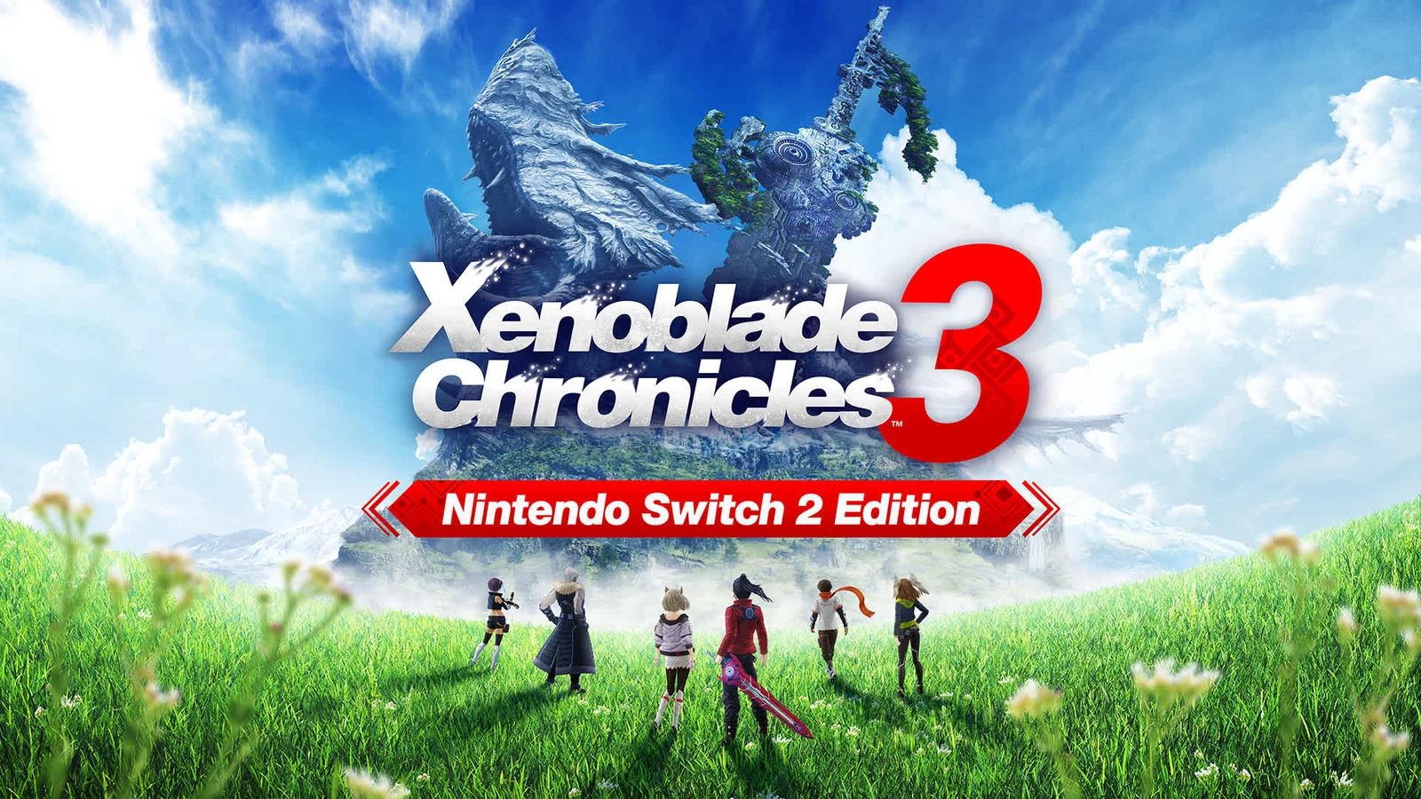 Official key art for Xenoblade Chronicles 3 – Nintendo Switch 2 Edition, showing the six playable heroes standing in a field looking up at the towering Aionios titans.