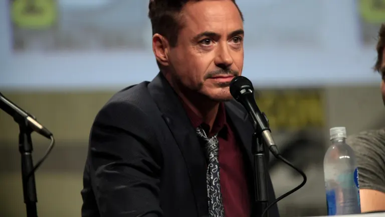 Robert Downey Jr. speaking into a microphone at San Diego Comic-Con in 2014.